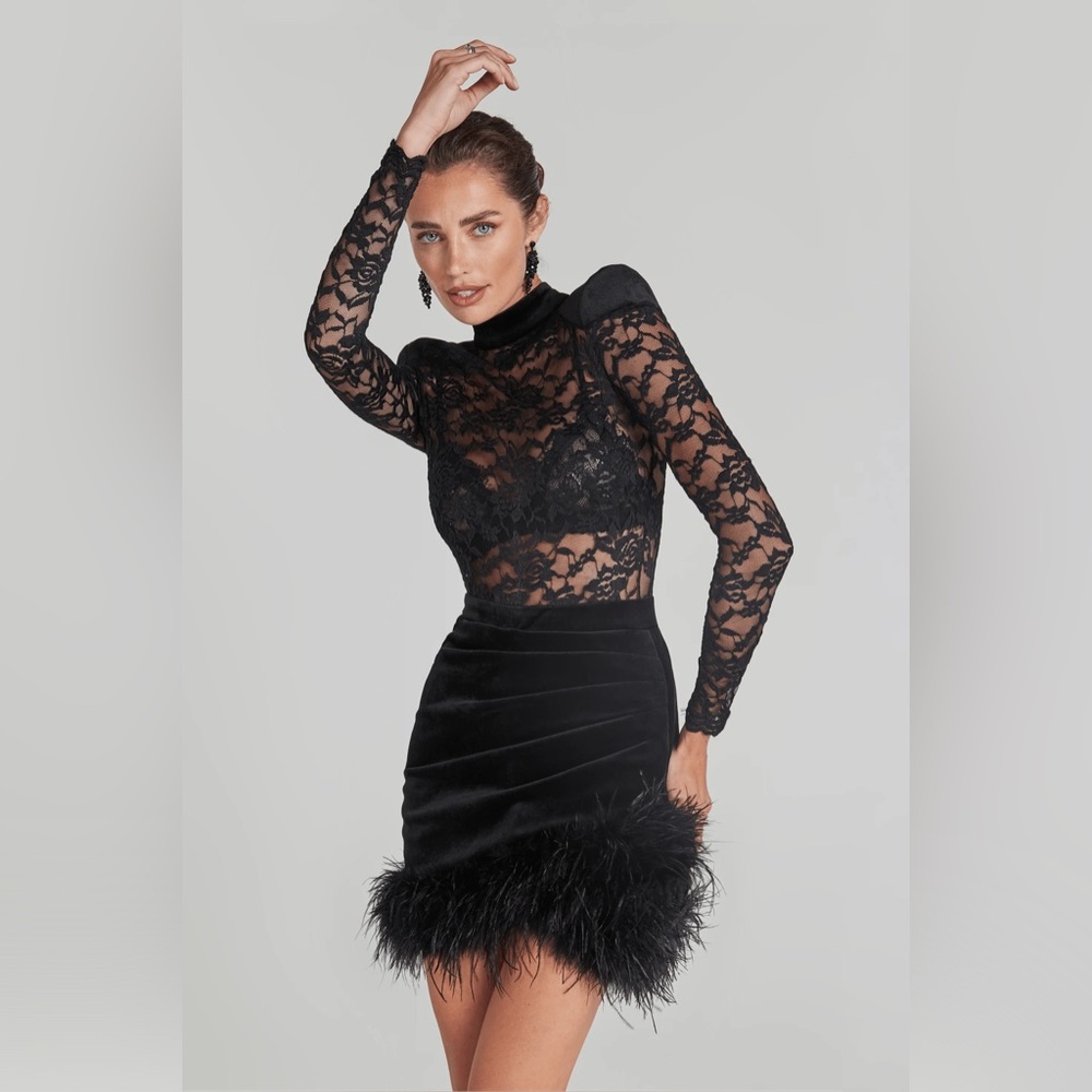 NADINE MERABI Sheer Black Lace Mini Dress